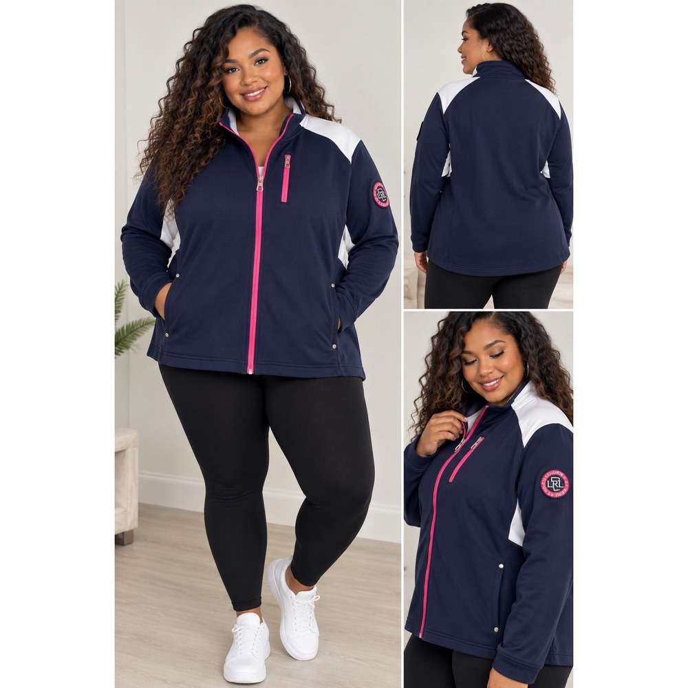 Lauren Ralph Lauren Active 3X Plus Lightweight Navy Colorblock Zip Jacket